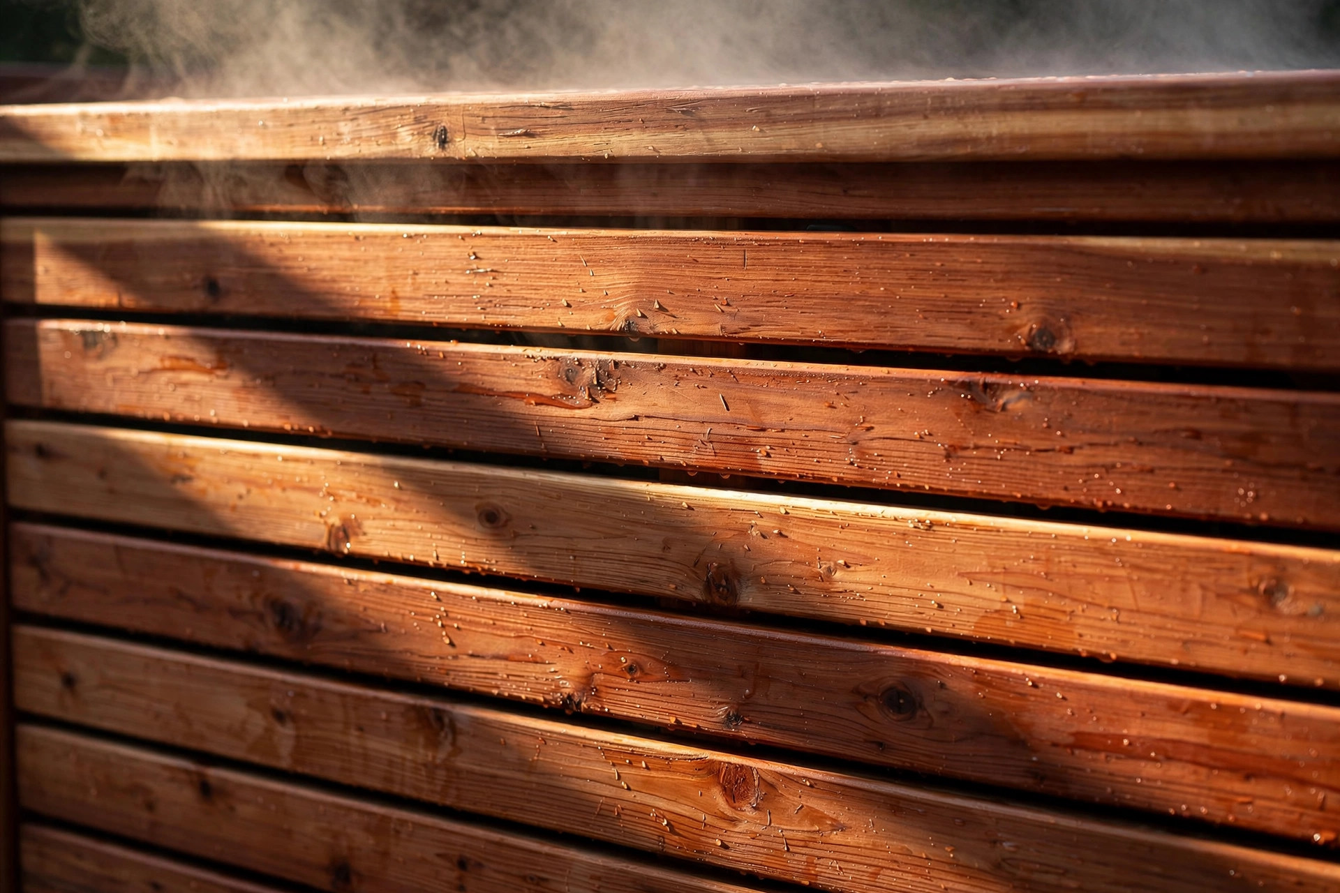 Redwood slat cabinet of a hot tub in warm light