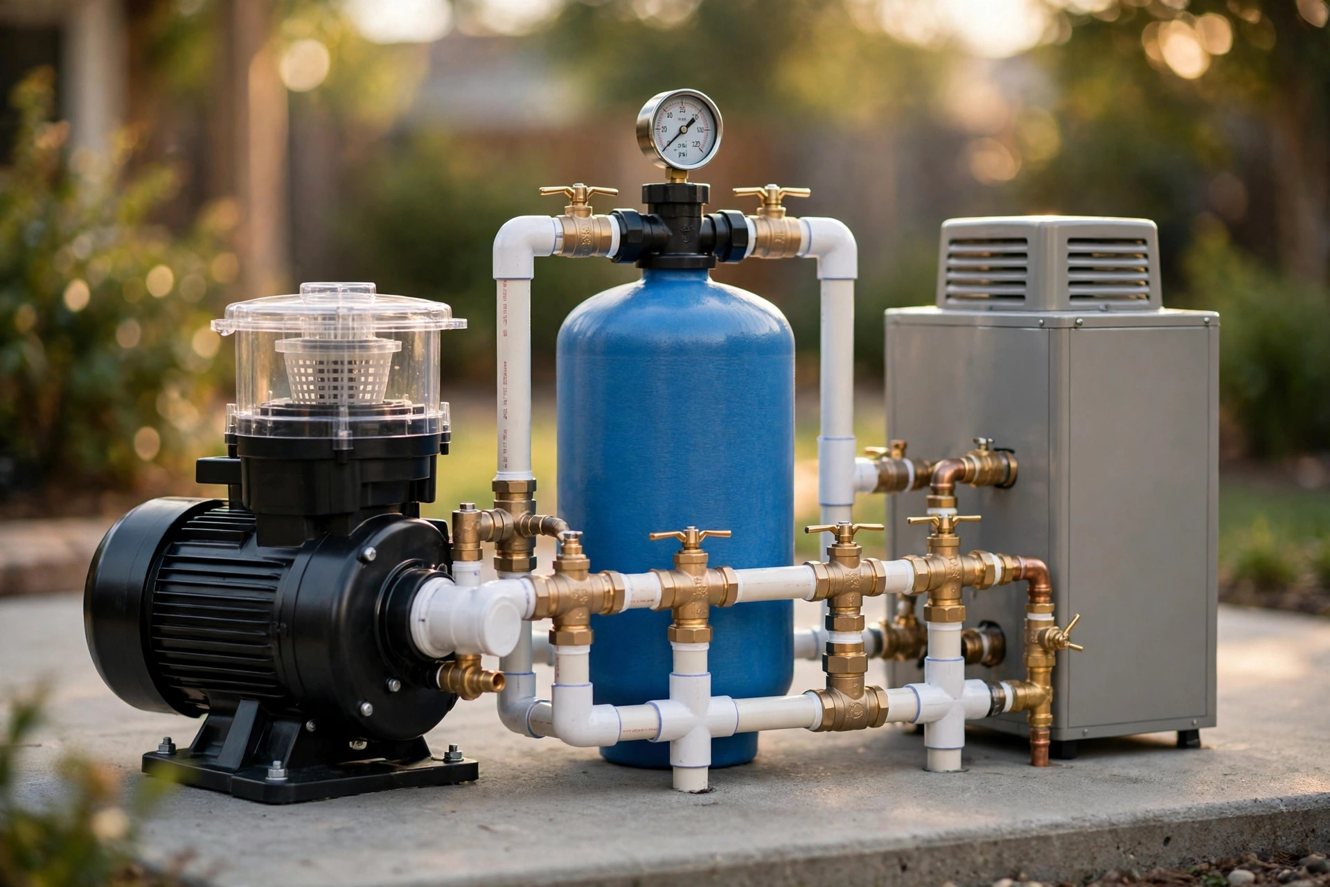 Pool pump, filter tank and heater on a service pad