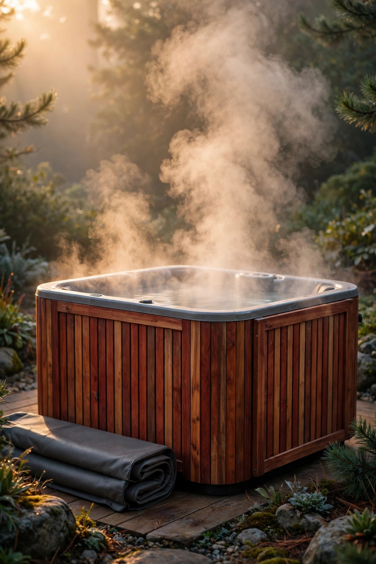 Portable hot tub with steam rising off the heated water at dawn