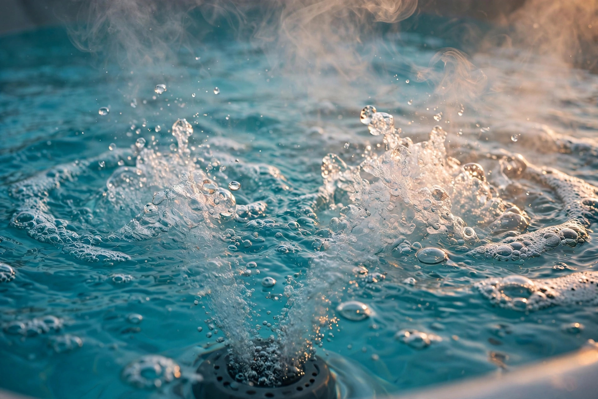 Spa jets bubbling with steam rising off the hot water